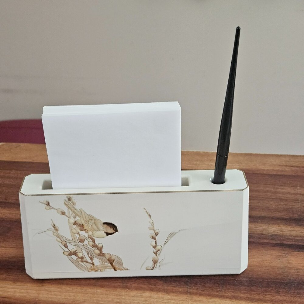 vintage lacquerware Otagiri  note and pen holder beige /gold bird/flowers